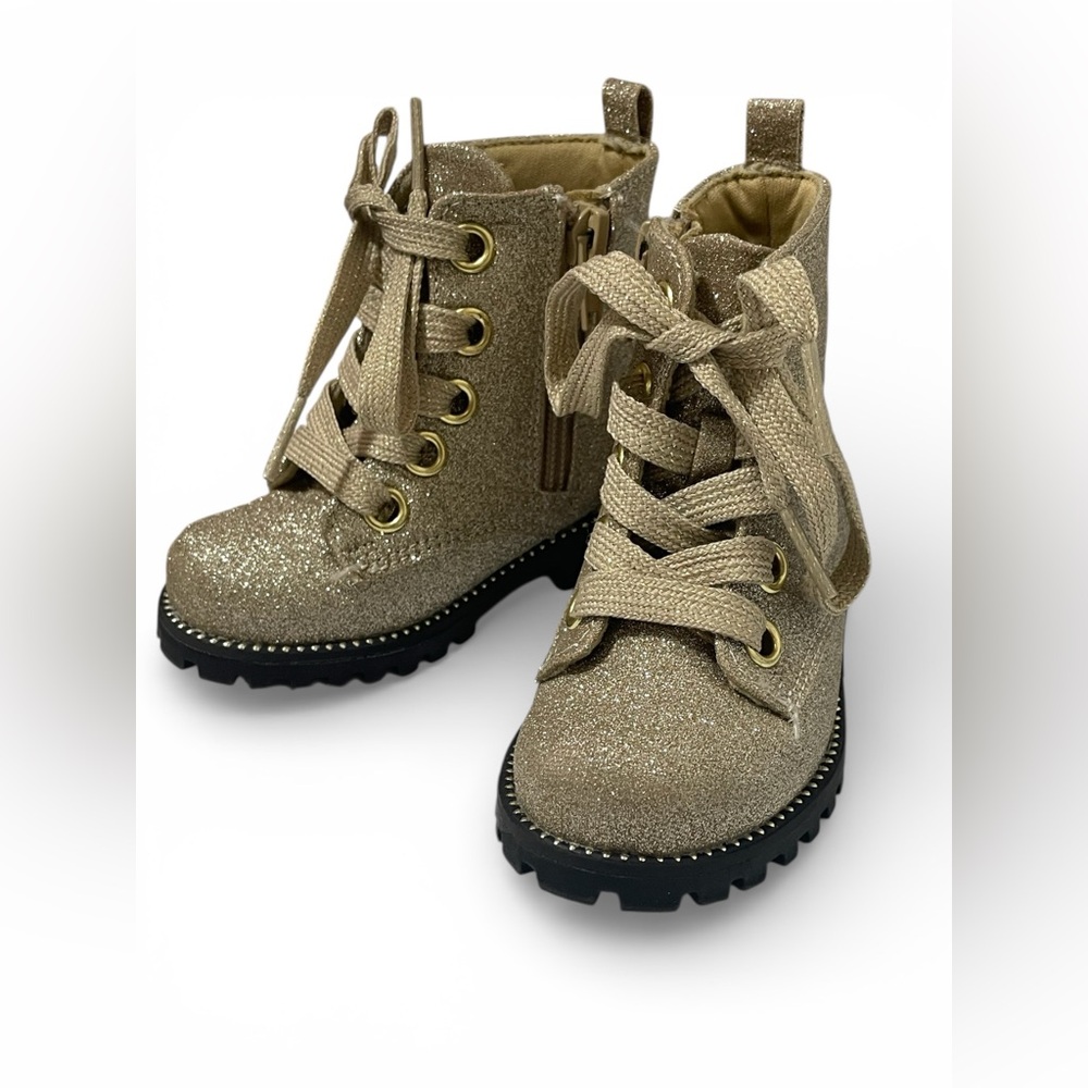Rachel Zoe Boots 6 Toddler Glitter Combat Side Zip Lug‎ Sole Girls Gold Lace Up